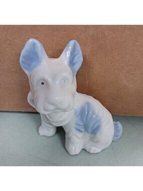 Vintage Ceramic Terrier Blue White With Small Loop On Side